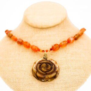 Vintage Chinese Carnelian Carved Agate Rose Pendant Necklace Sterling Clasp